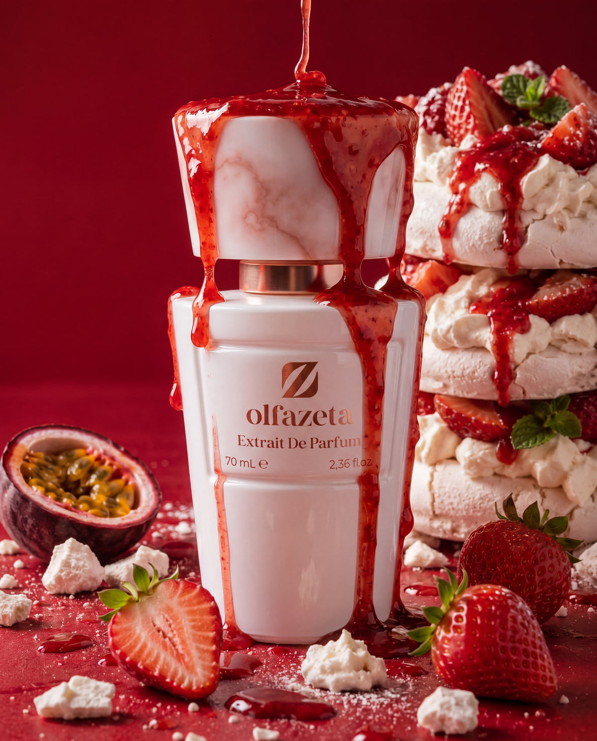 Biely flakón Olfazeta by Chogan Millésime N°163 preliaty jahodovým coulis, pavlova a červené ovocie na červenom pozadí