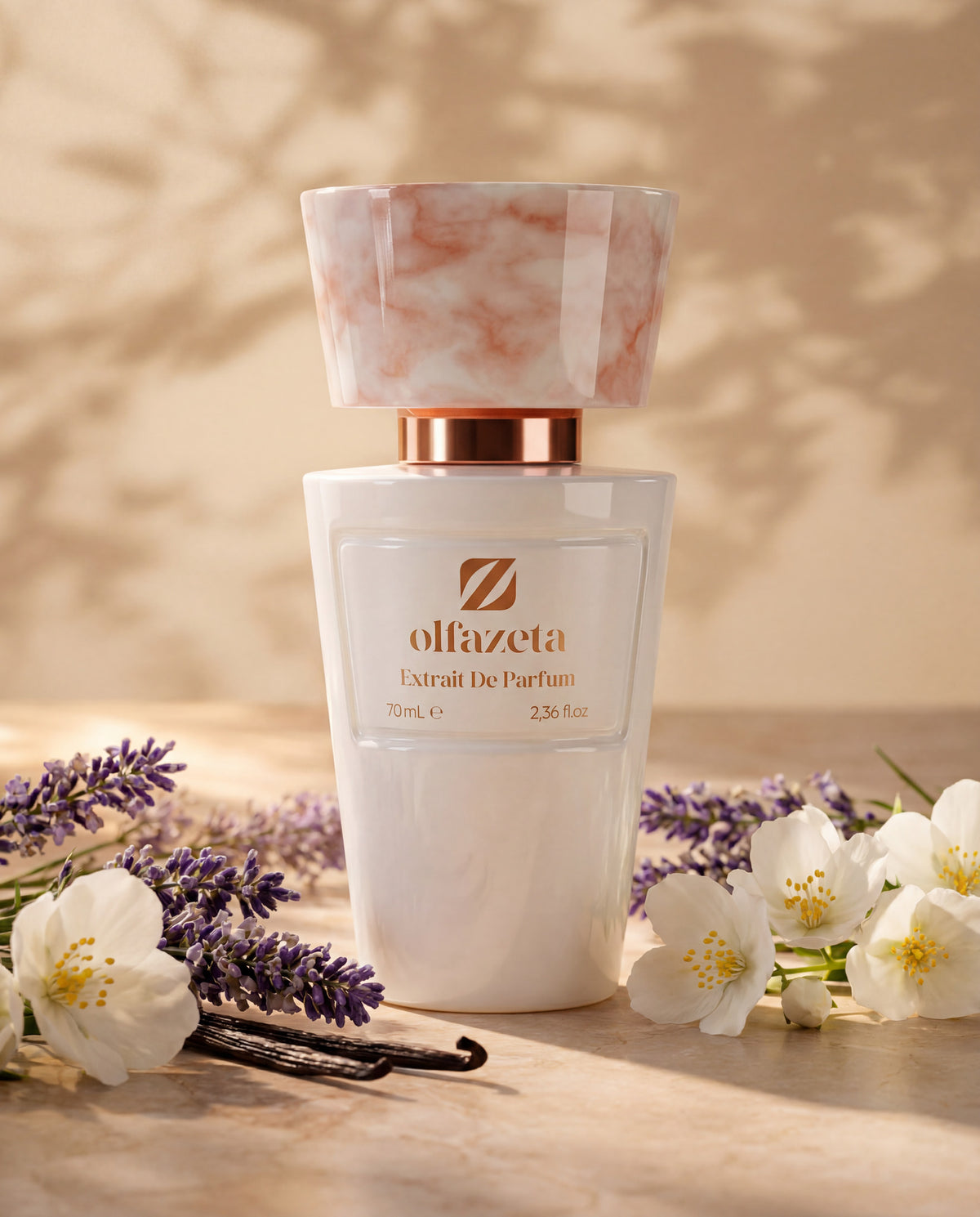 Weißer Flakon Olfazeta by Chogan Millésime N°120 mit Lavendel, weißen Jasminblüten und Vanilleschoten