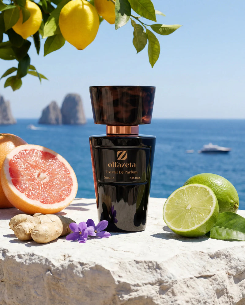 Zwarte Olfazeta by Chogan Millésime N°02 flacon met grapefruit, limoen en gember aan zee