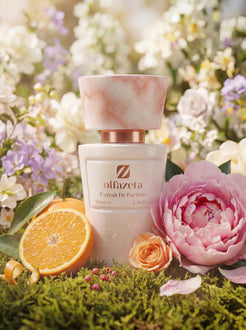 Rosafarbener Flakon Olfazeta by Chogan Millésime N°158 auf Moos, rosa Pfingstrose, aufgeschnittene Orange und Frühlingsblumen