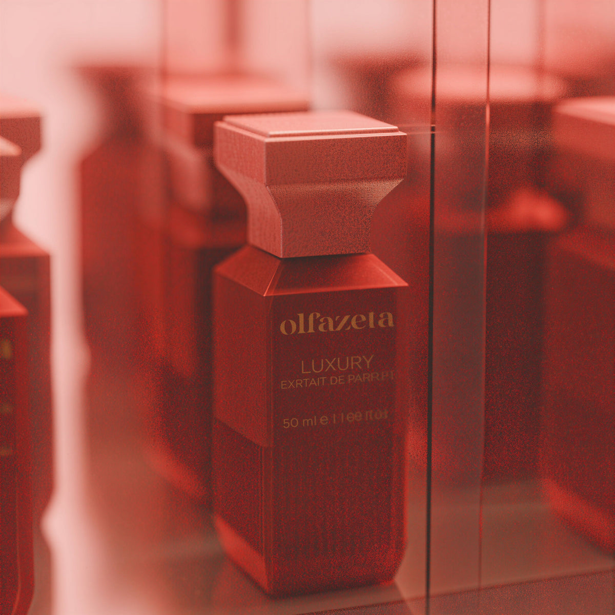 Czerwony flakon Olfazeta by Chogan Luxury N°146, Extrait de Parfum 50 ml w zbliżeniu w stonowanej czerwonej scenerii